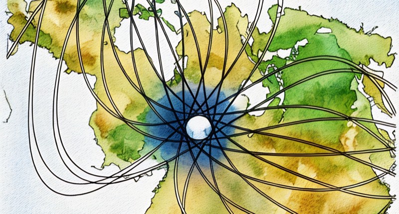 Watercolour Spilhaus projection map showing SWOT satellite ground-track lines converging over the ocean