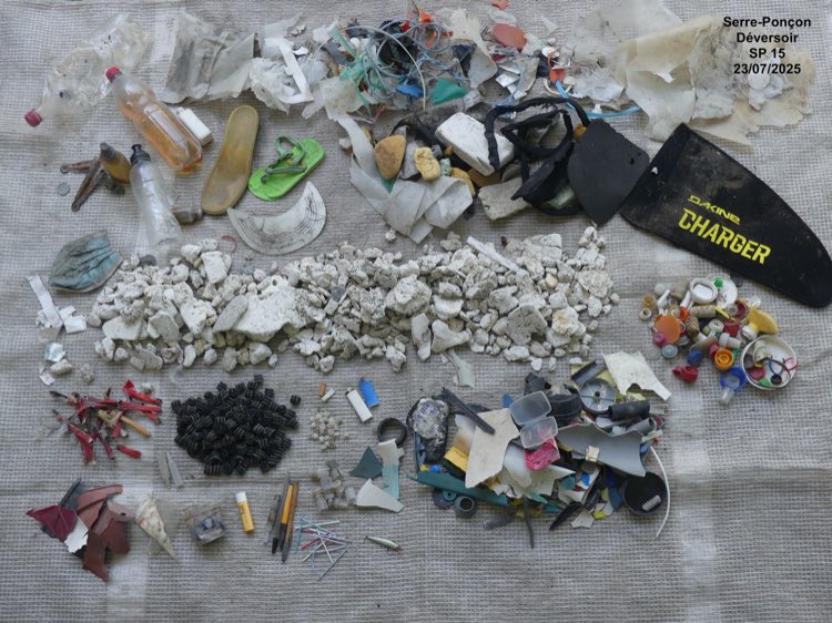Sorted macrolitter collected at Serre-Ponçon on the Durance riverbank, categorised by type