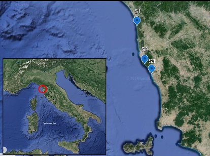 Carte des trois sites de relevé le long de la côte toscane